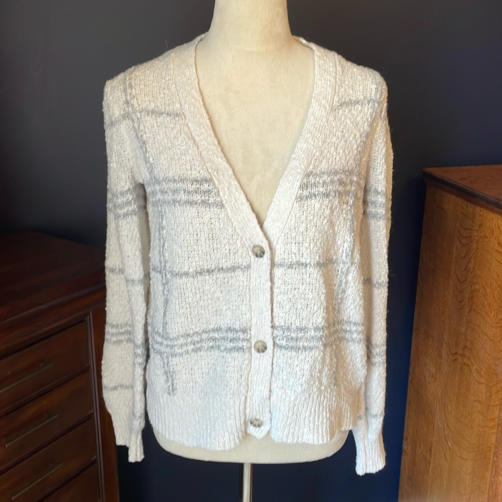 Joie Knit Cardigan Sweater White & Gray Button Up‎ V Neck Textured Size Large